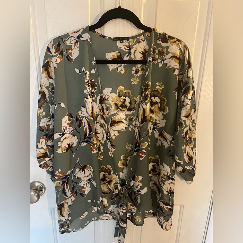 West Kei Womens Top- M Medium- Sate Green Floral Tie Dolman Boho Casual